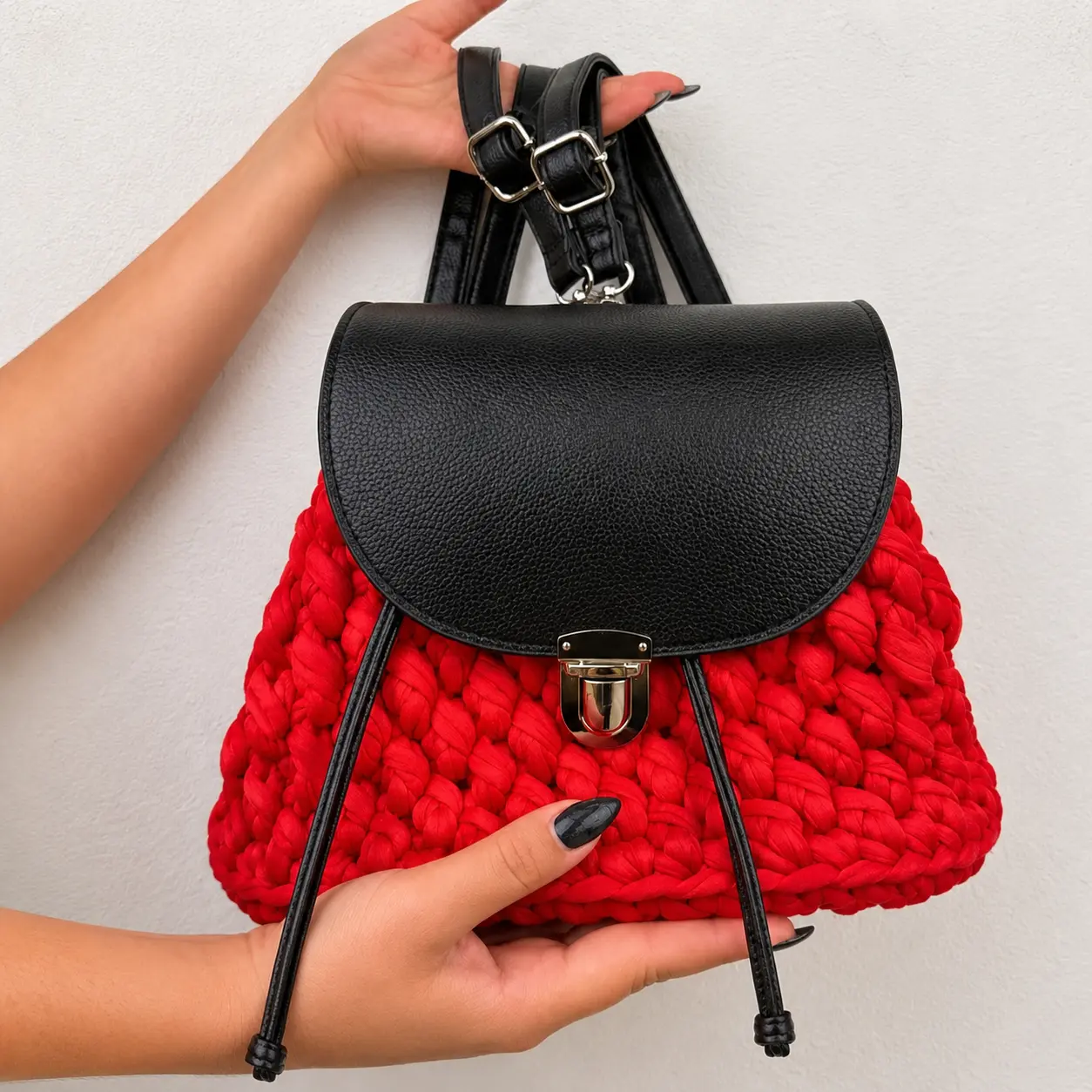 Bolso Tipo Mochila tejido a mano en trapillo