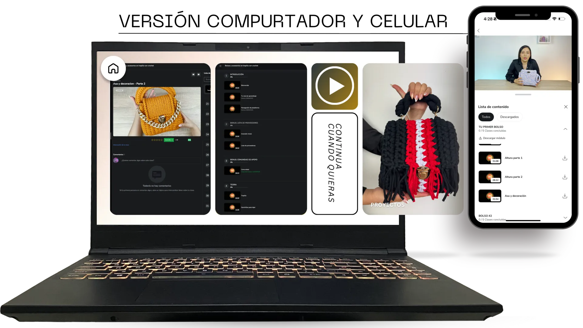 Plataforma del curso vista en computadora, tablet y móvil